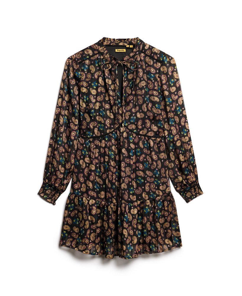 bedrukte metallic mini-jurk met lange mouwen en paisleyprint zwarte sjaal