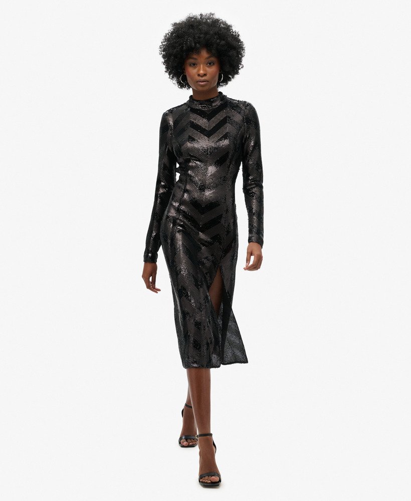 midi-jurk met chevronpatroon en open rug in zwart met art deco pailletten.