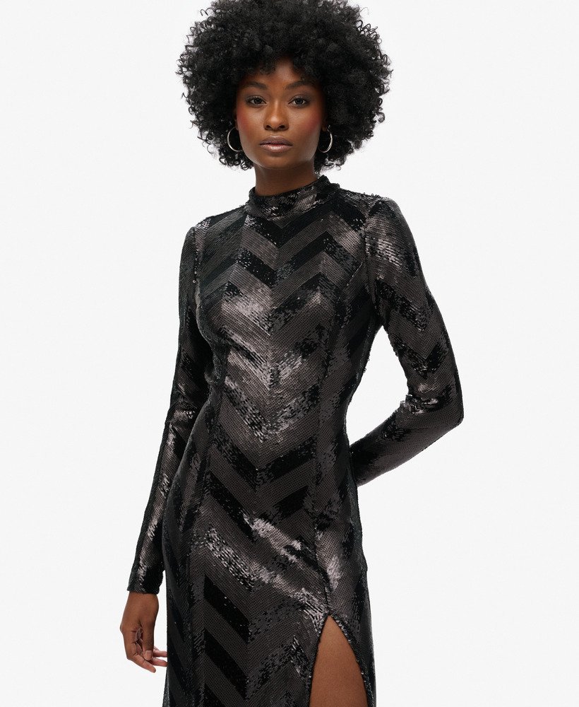 midi-jurk met chevronpatroon en open rug in zwart met art deco pailletten.