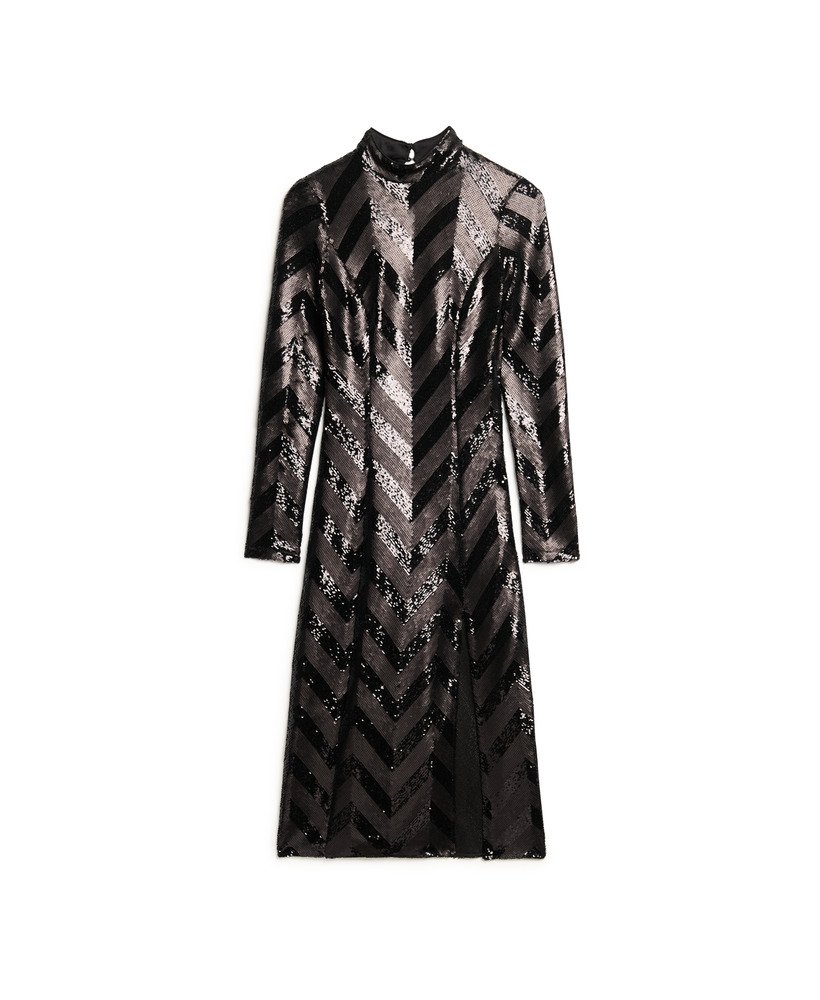 midi-jurk met chevronpatroon en open rug in zwart met art deco pailletten.