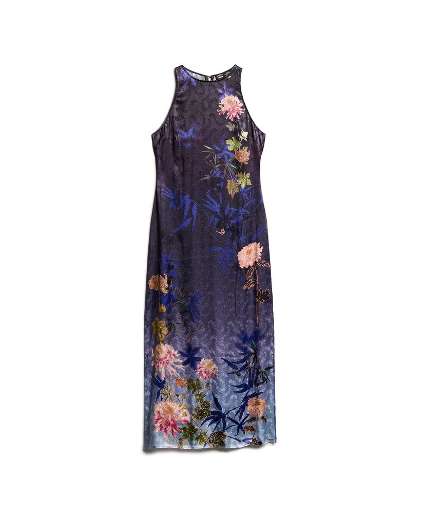 bedrukte satijnen maxi-jurk in een diepe bloemenprint met japanse schaduw.