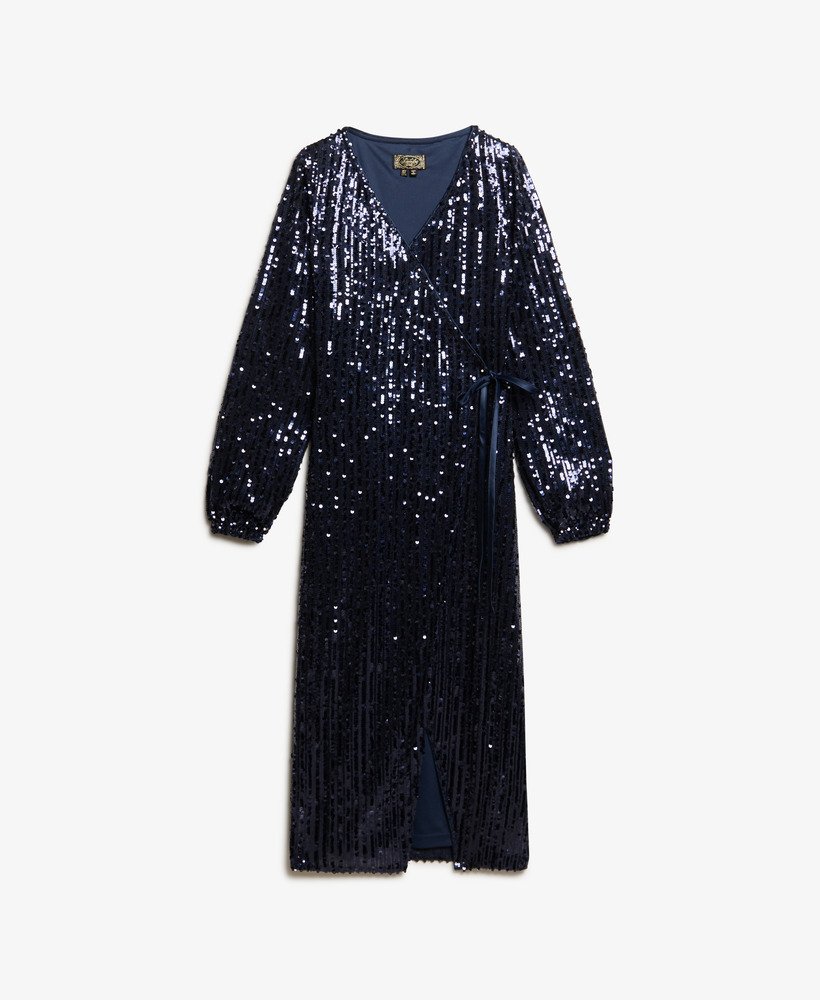 maxi-jurk met pailletten en wikkeldetail in marineblauw.
