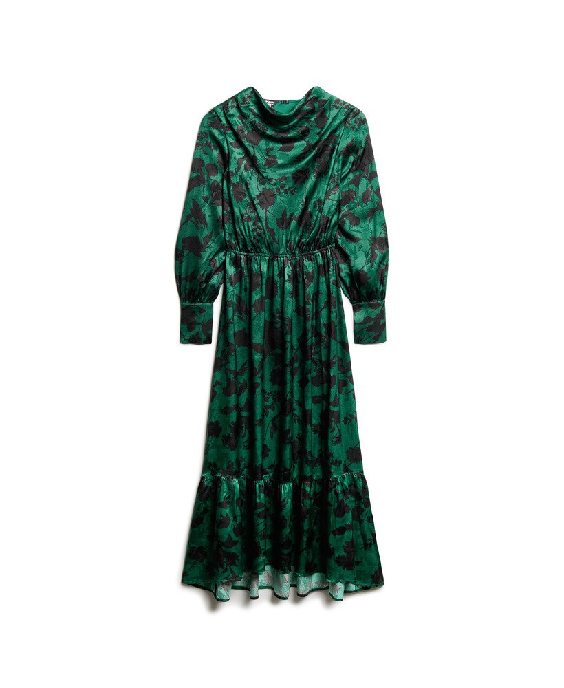 maxi jacquardjurk met colkraag in een turquoise bloemenprint.