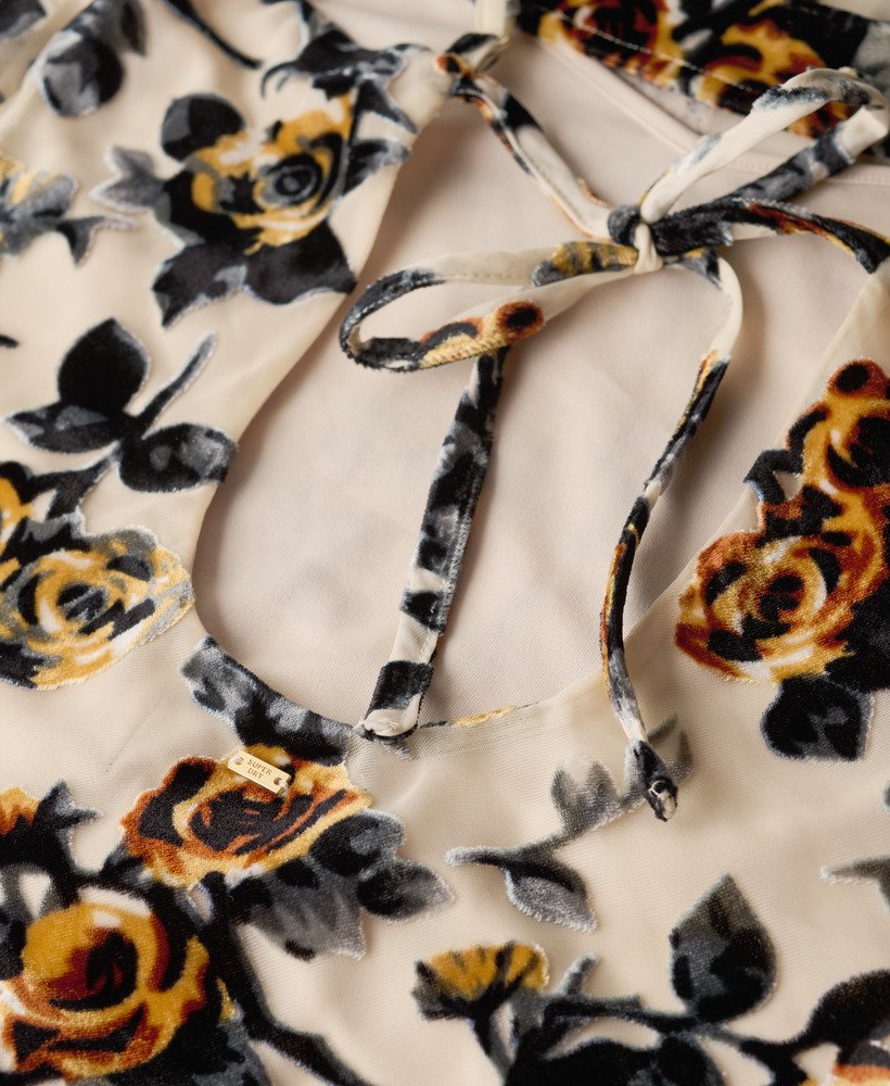 devoré mini-slipjurk met colkraag in een bloemenprint in verbrand oranje.