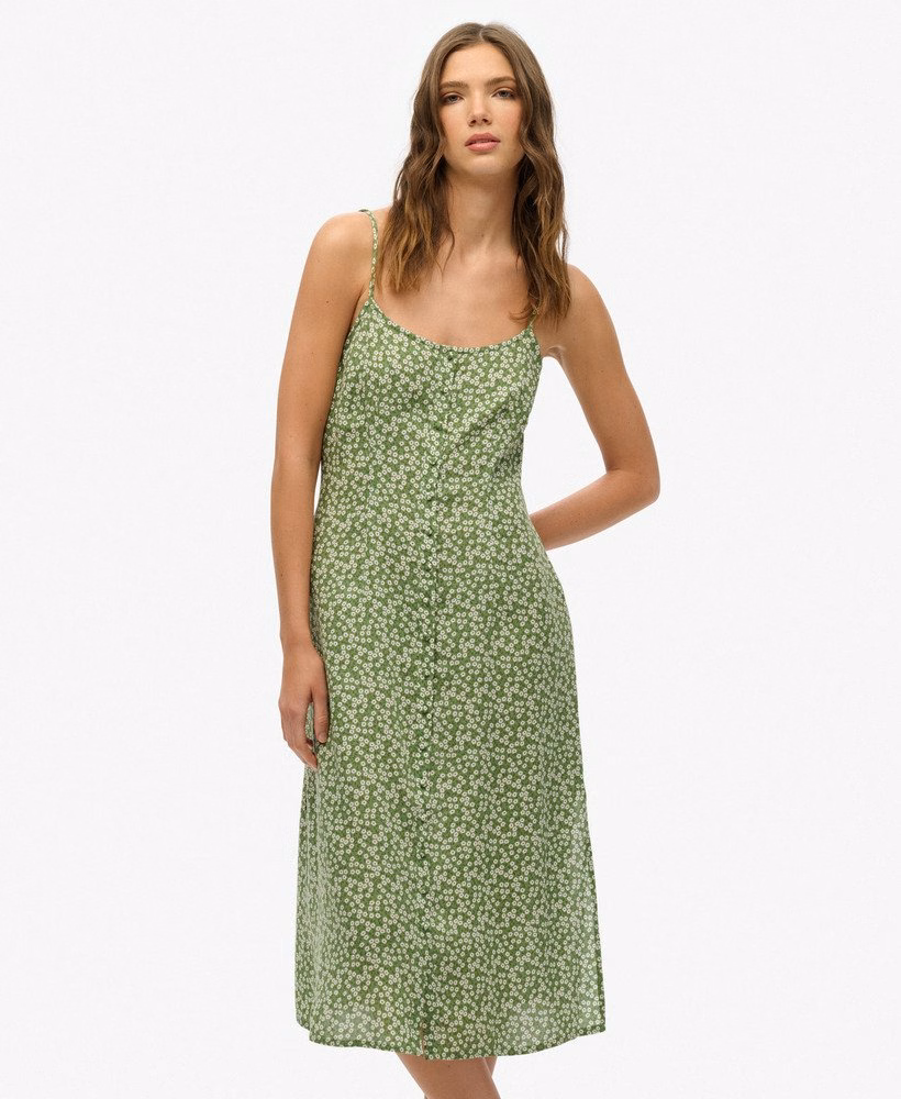 Bedrukte cami midi-jurk met knoopsluiting