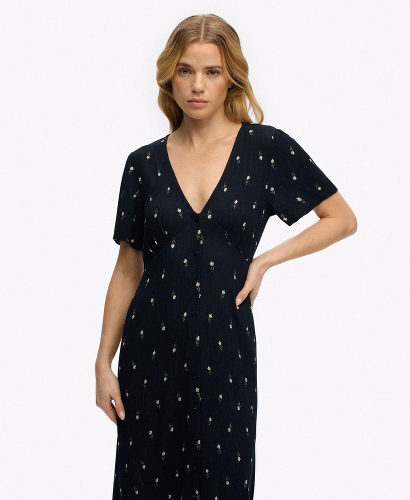 Midi-jurk met print, korte mouwen en knoopjes