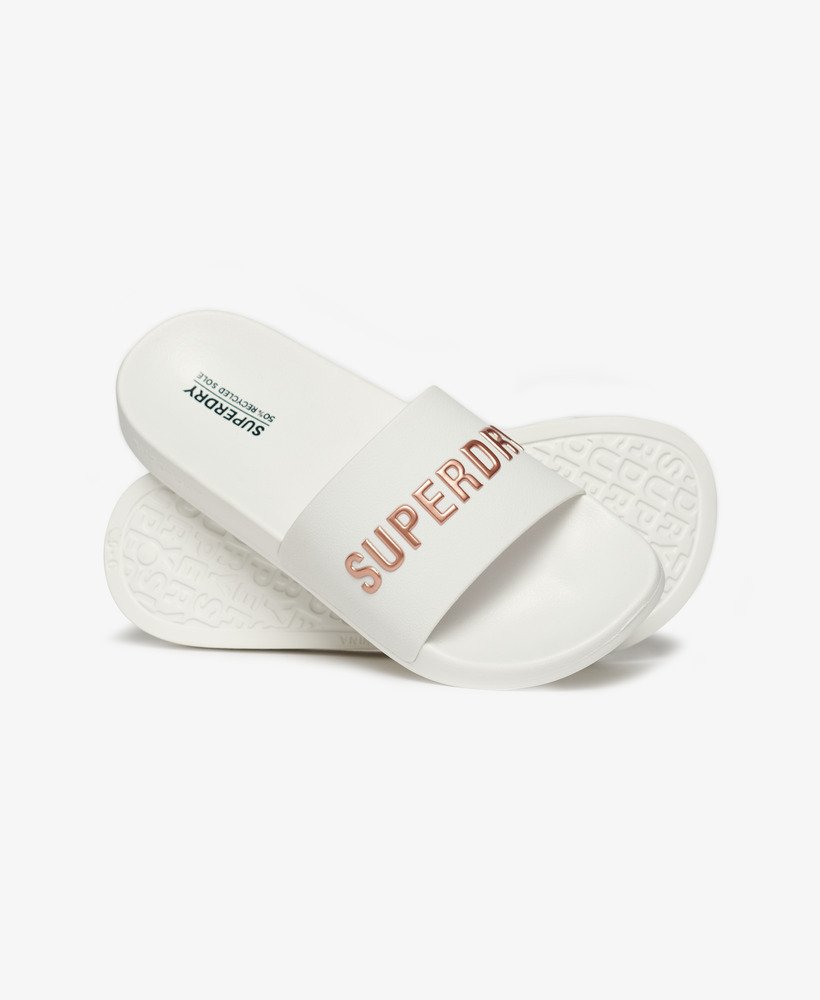 veganistische zwembadslippers met logo in optischmetallic roségoud.