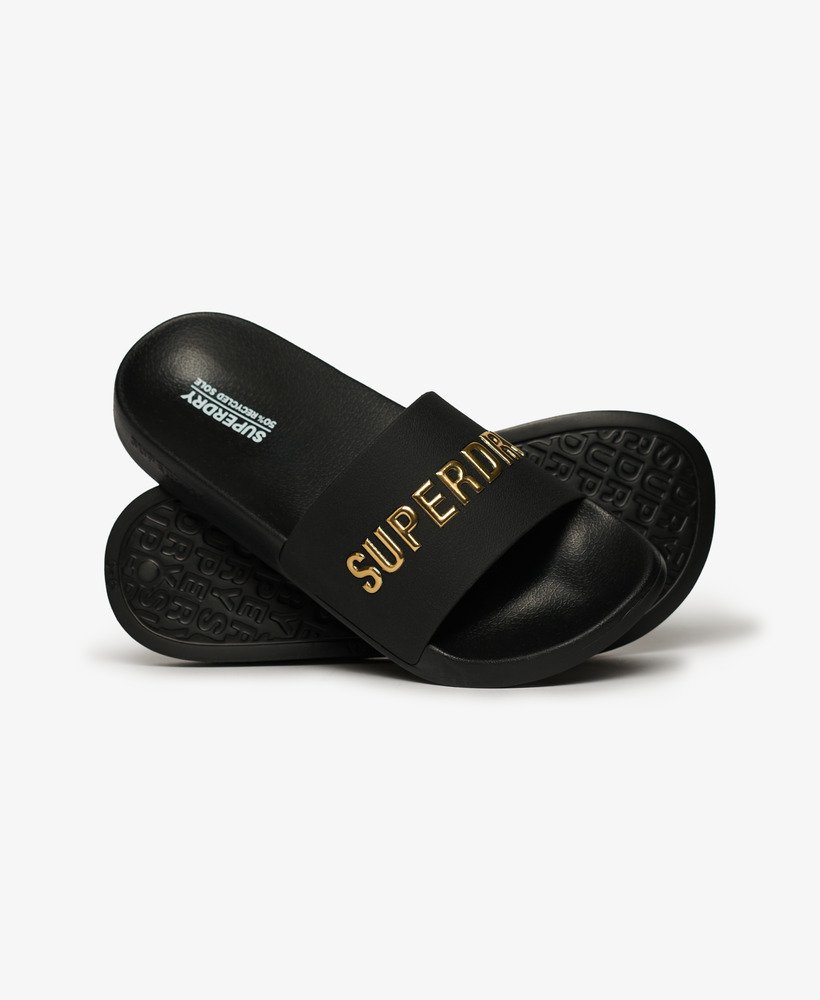 veganistische badslippers met logo in zwartmetallic goud