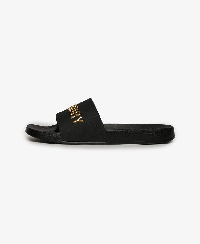 veganistische badslippers met logo in zwartmetallic goud