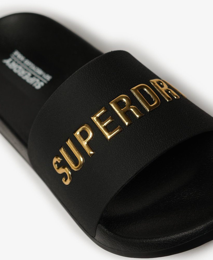 veganistische badslippers met logo in zwartmetallic goud
