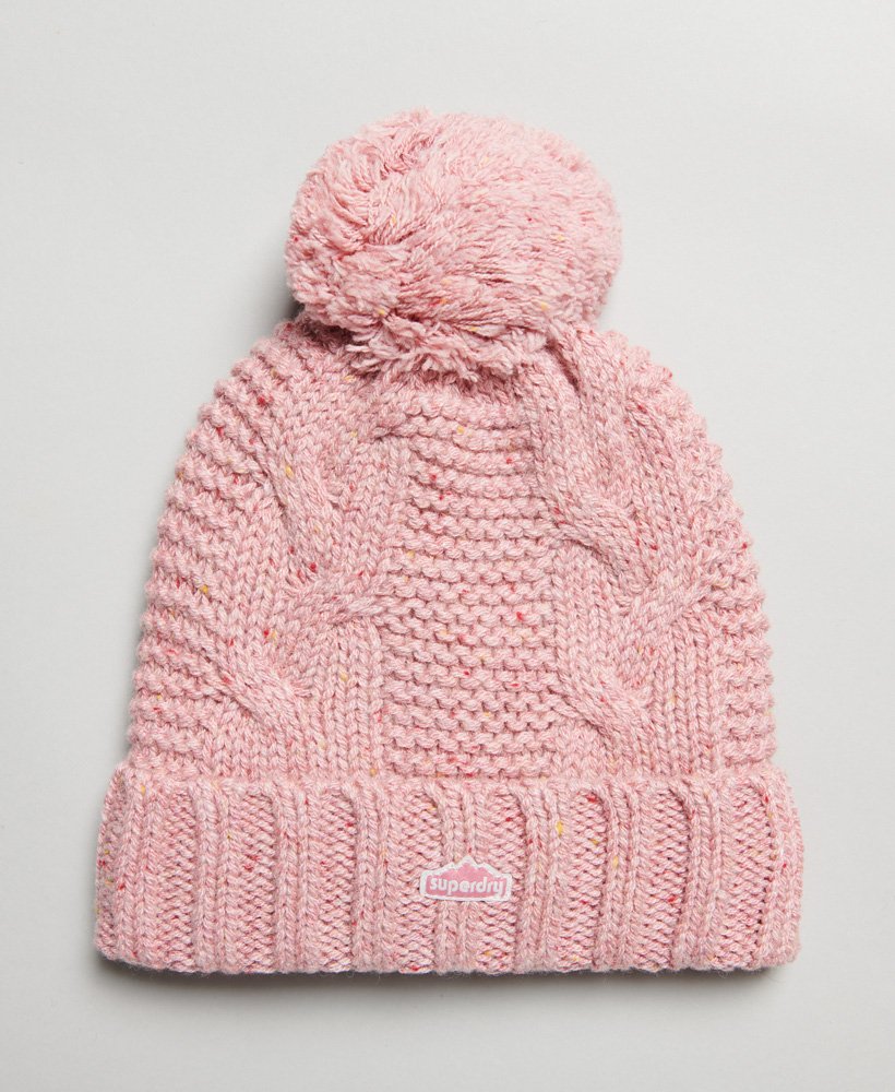 kabelgebreide muts met pompon in roze tweed