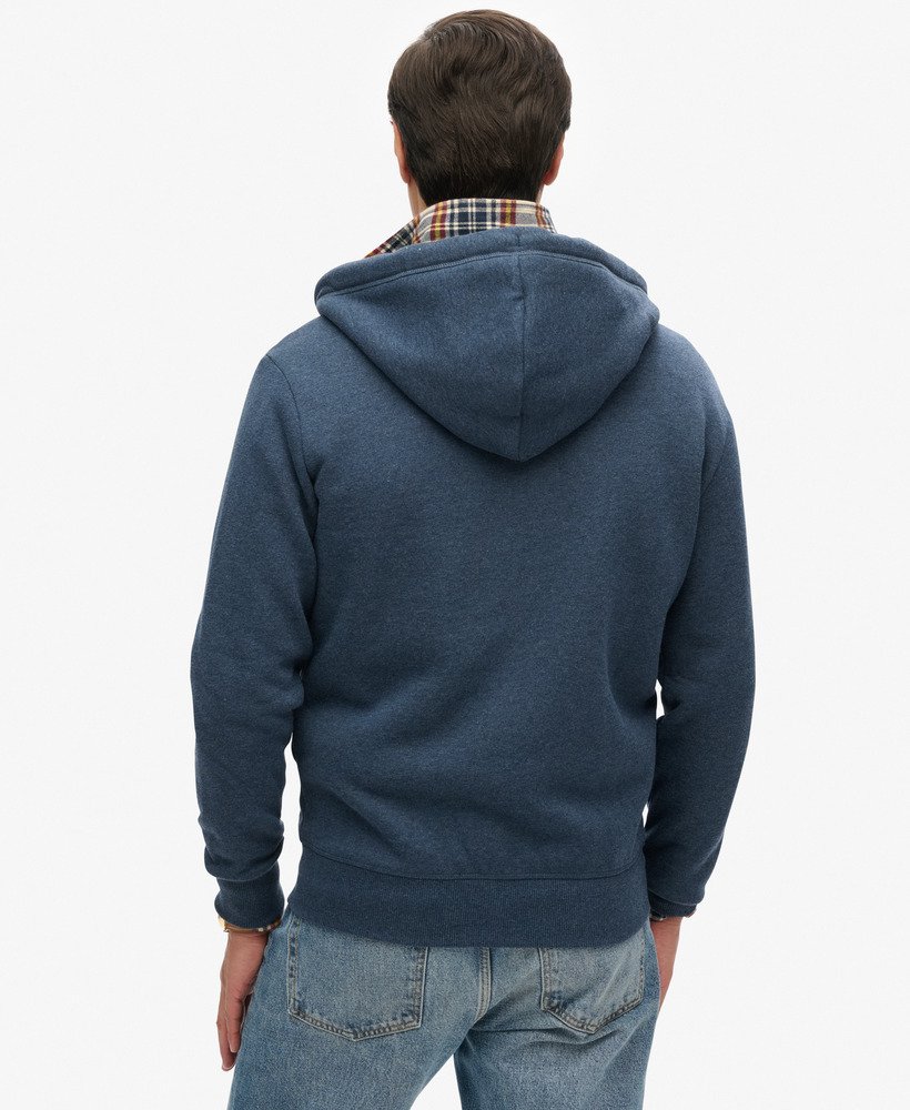 hoodie met ritssluiting van biologisch katoen geborduurd vintage logo in vintage marineblauw gemêleerd.