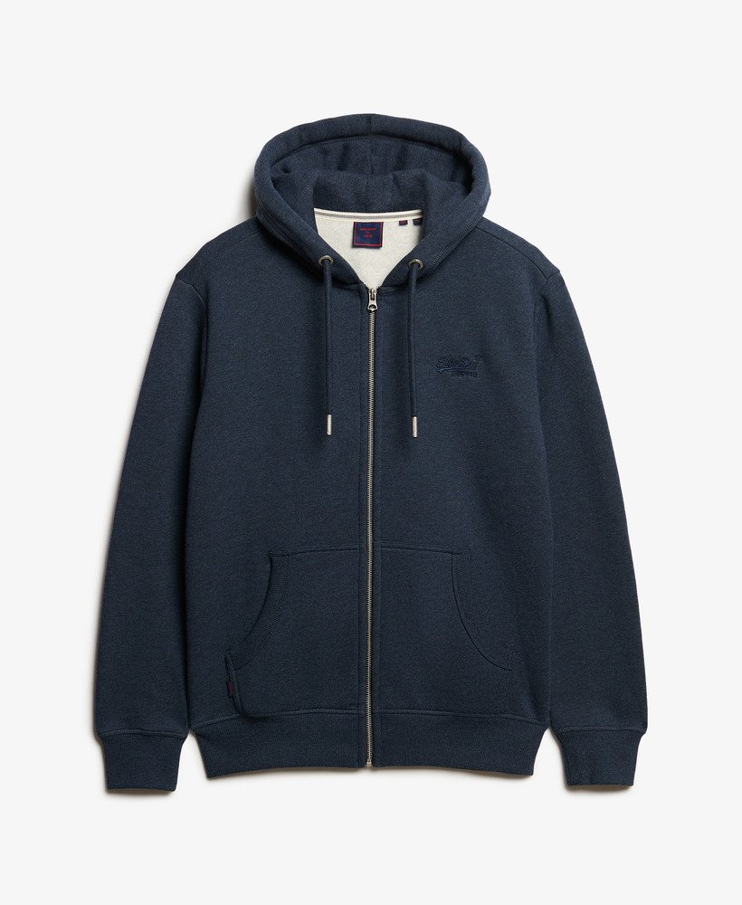 hoodie met ritssluiting van biologisch katoen geborduurd vintage logo in vintage marineblauw gemêleerd.