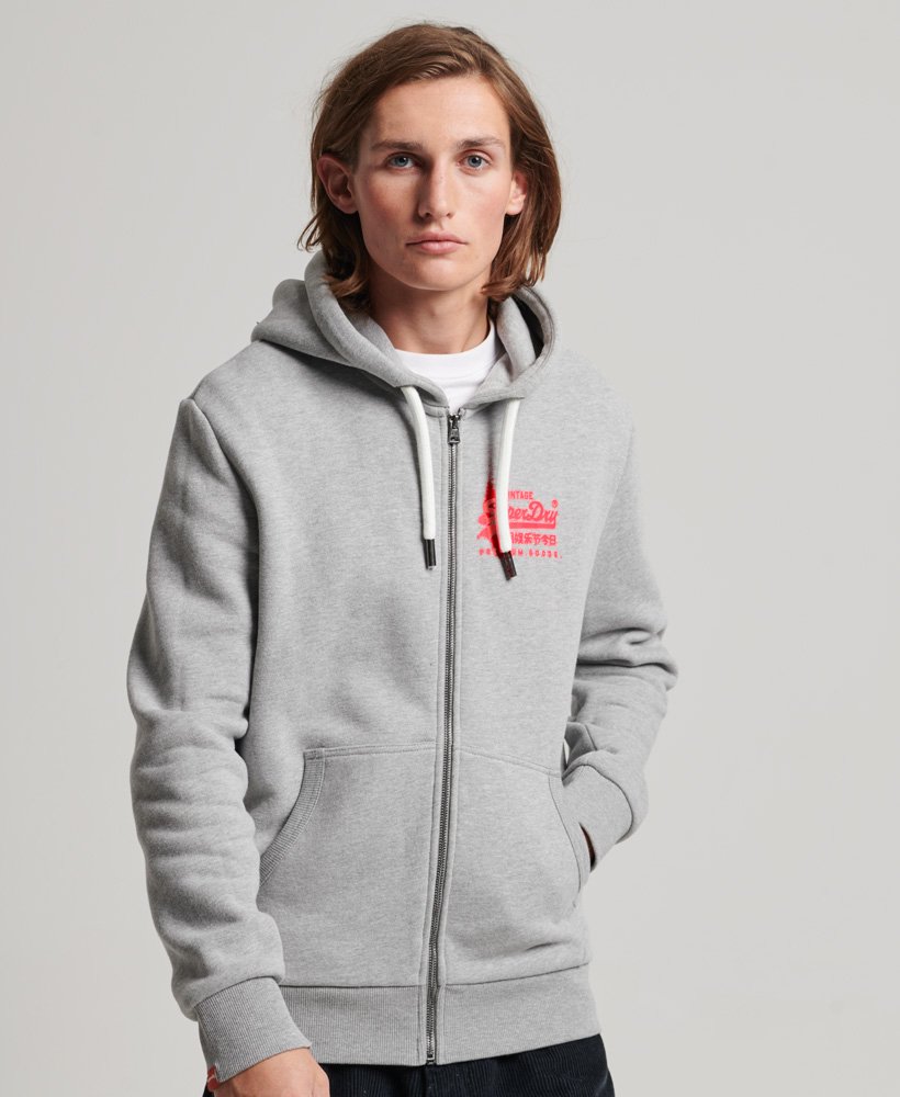 vintage logo neon zip hoodie in grey marl