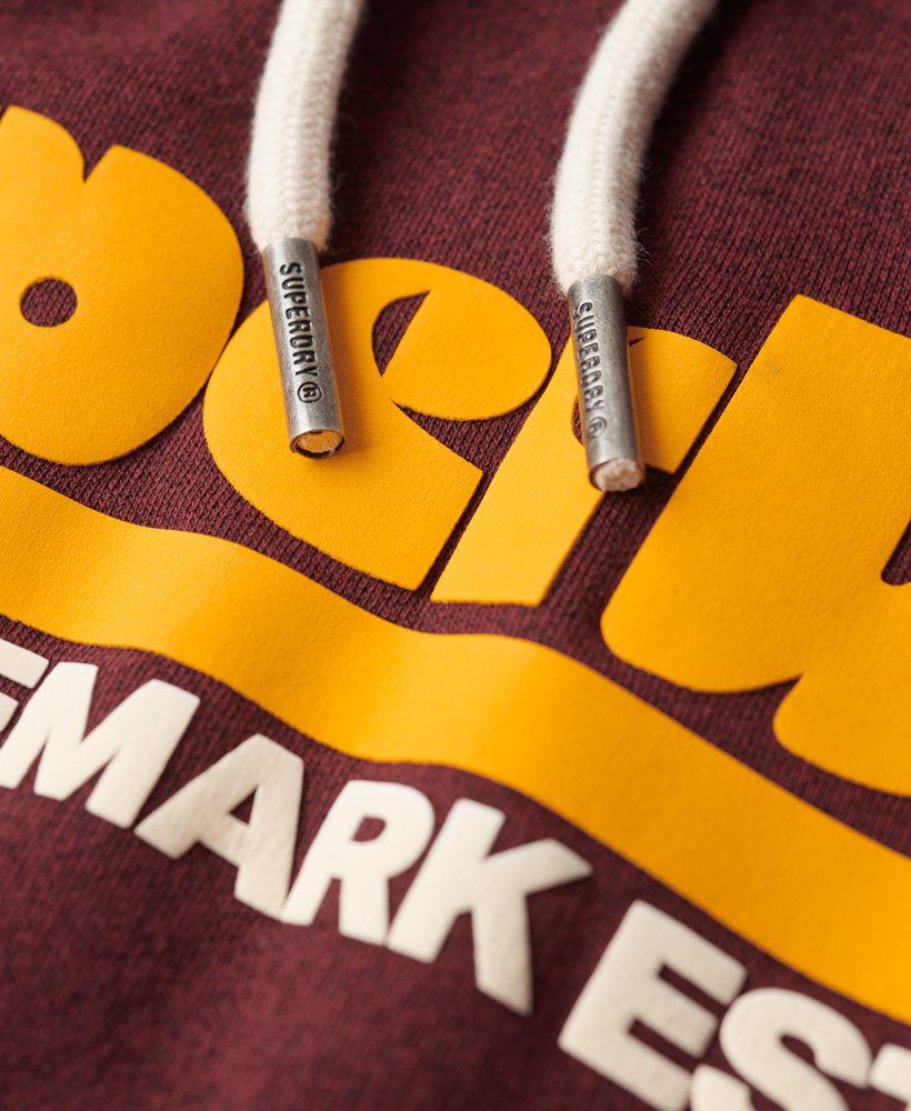 hoodie met retro lettertype en logo uit de jaren 70 in fel bordeauxrood met sneeuwprint.