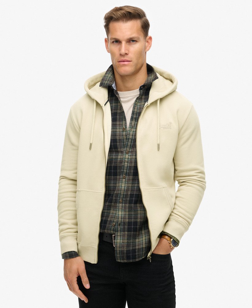 essential logo zip hoodie in light stone beige