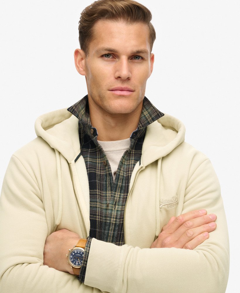 essential logo zip hoodie in light stone beige