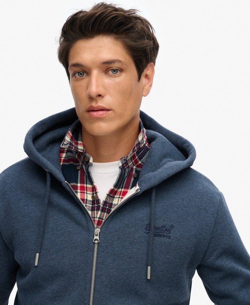 essential logo zip hoodie in vintage navy marl