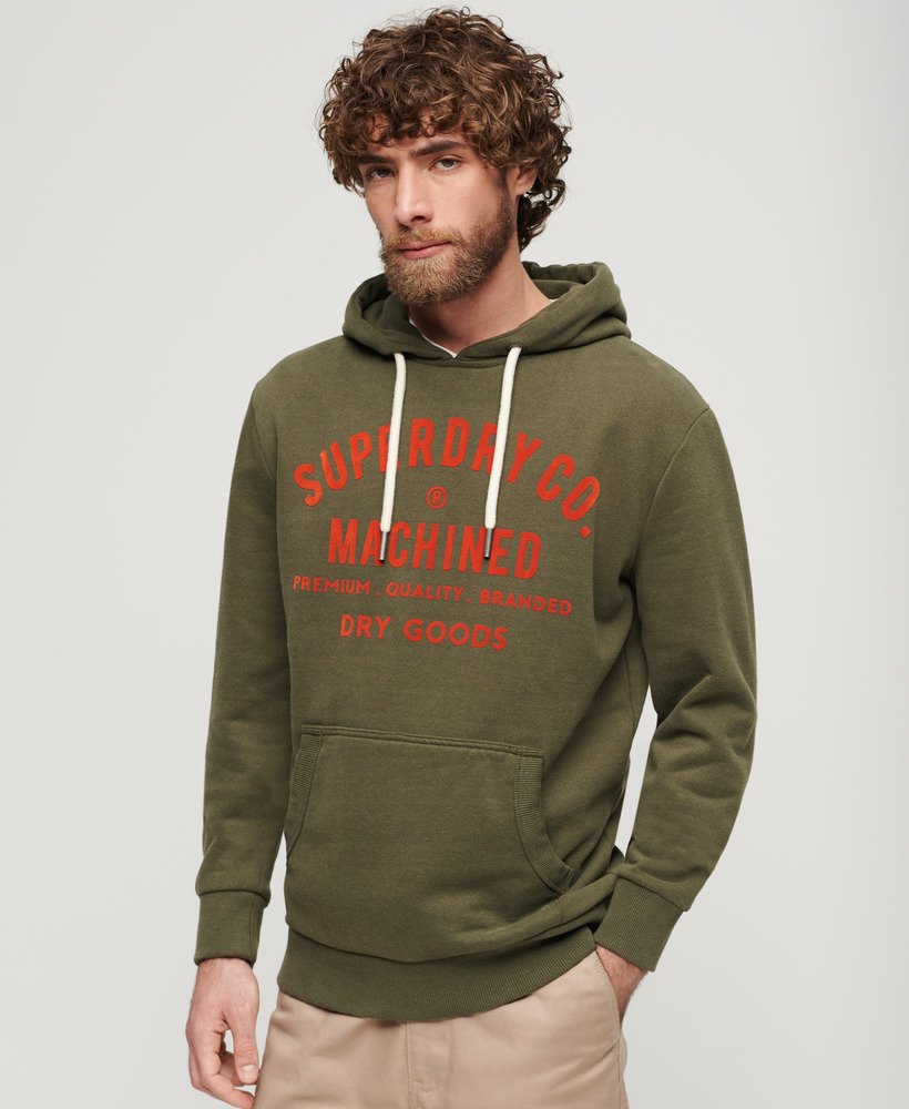 workwear flock graphic hoodie in khaki marl
