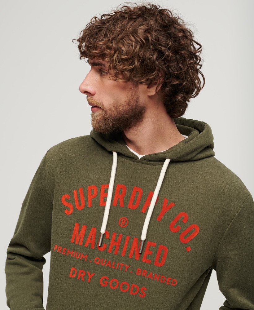 workwear flock graphic hoodie in khaki marl