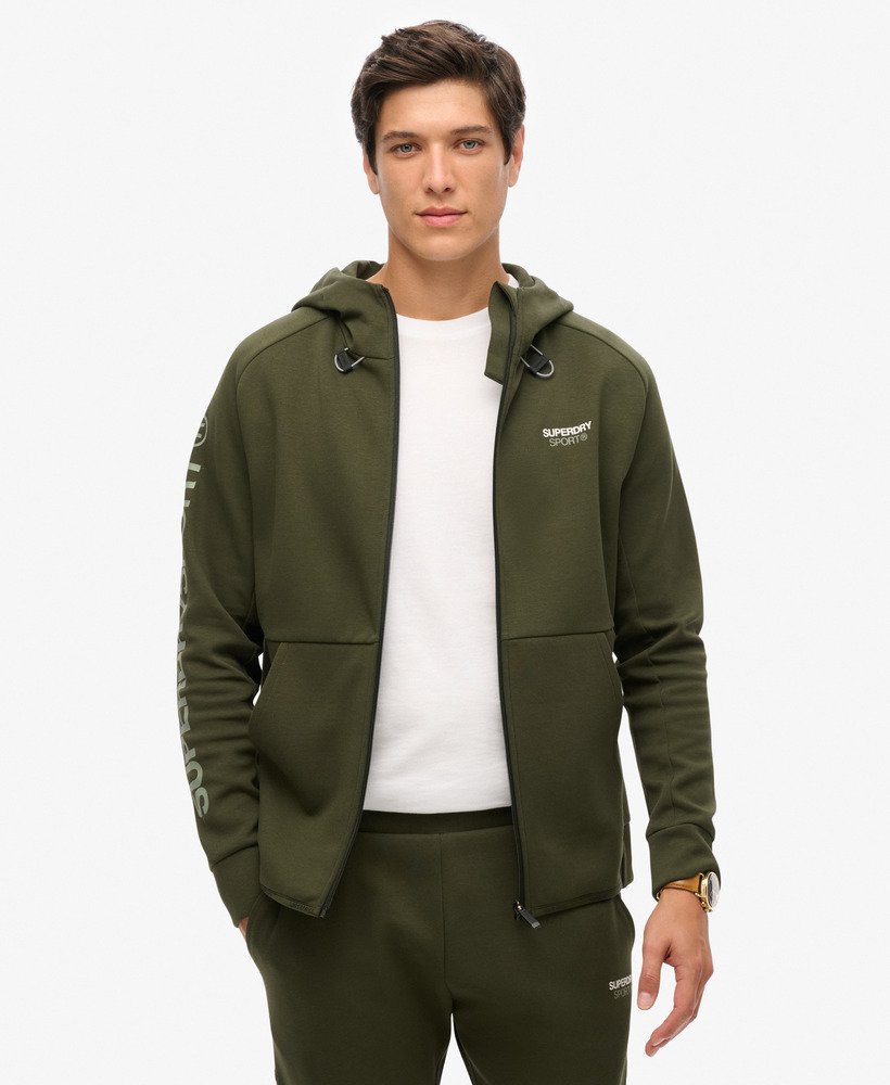 sport tech logo loose zip hoodie in army khaki
