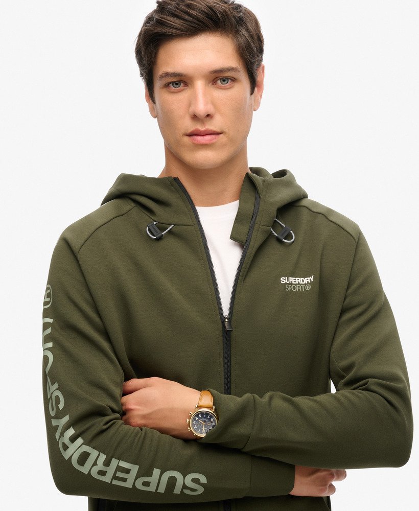 sport tech logo loose zip hoodie in army khaki