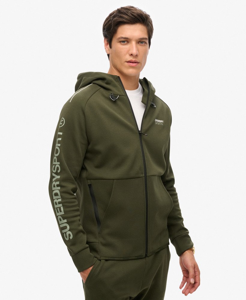 sport tech logo loose zip hoodie in army khaki