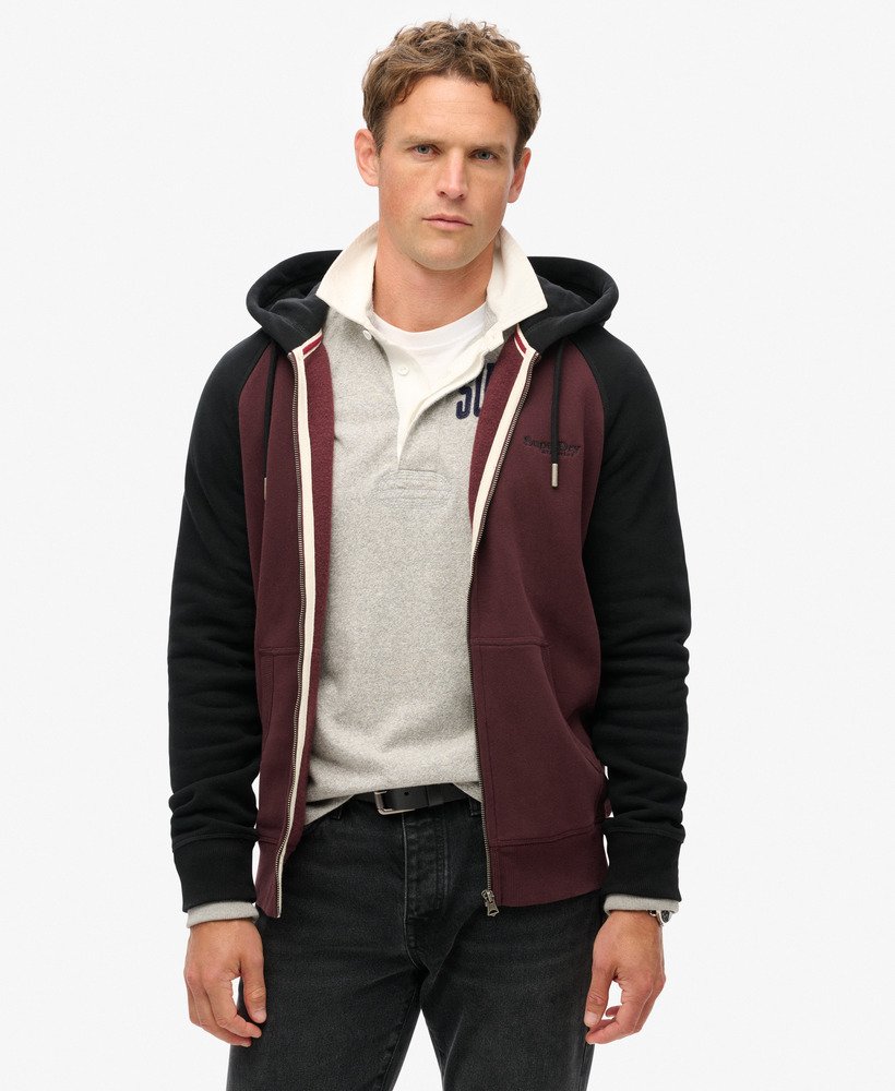 essentiële baseball hoodie met rits in diep bordeauxroodzwart.
