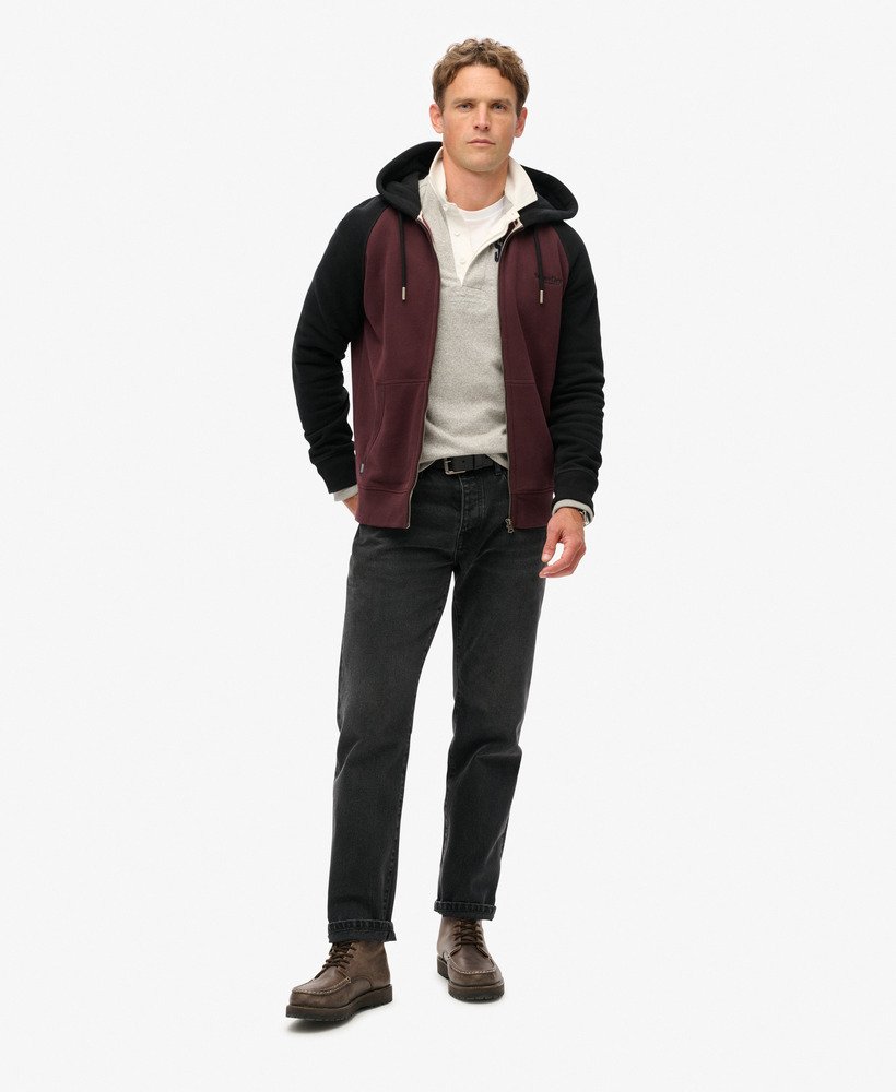 essentiële baseball hoodie met rits in diep bordeauxroodzwart.