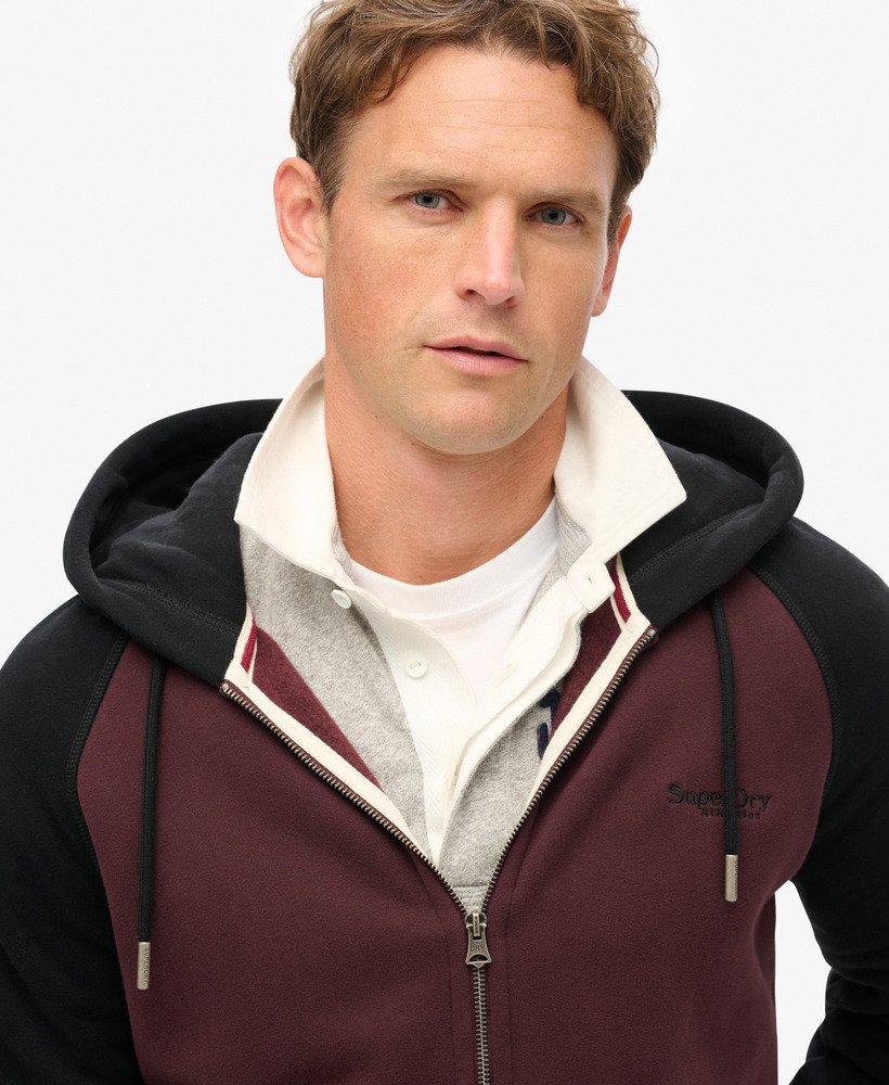 essentiële baseball hoodie met rits in diep bordeauxroodzwart.
