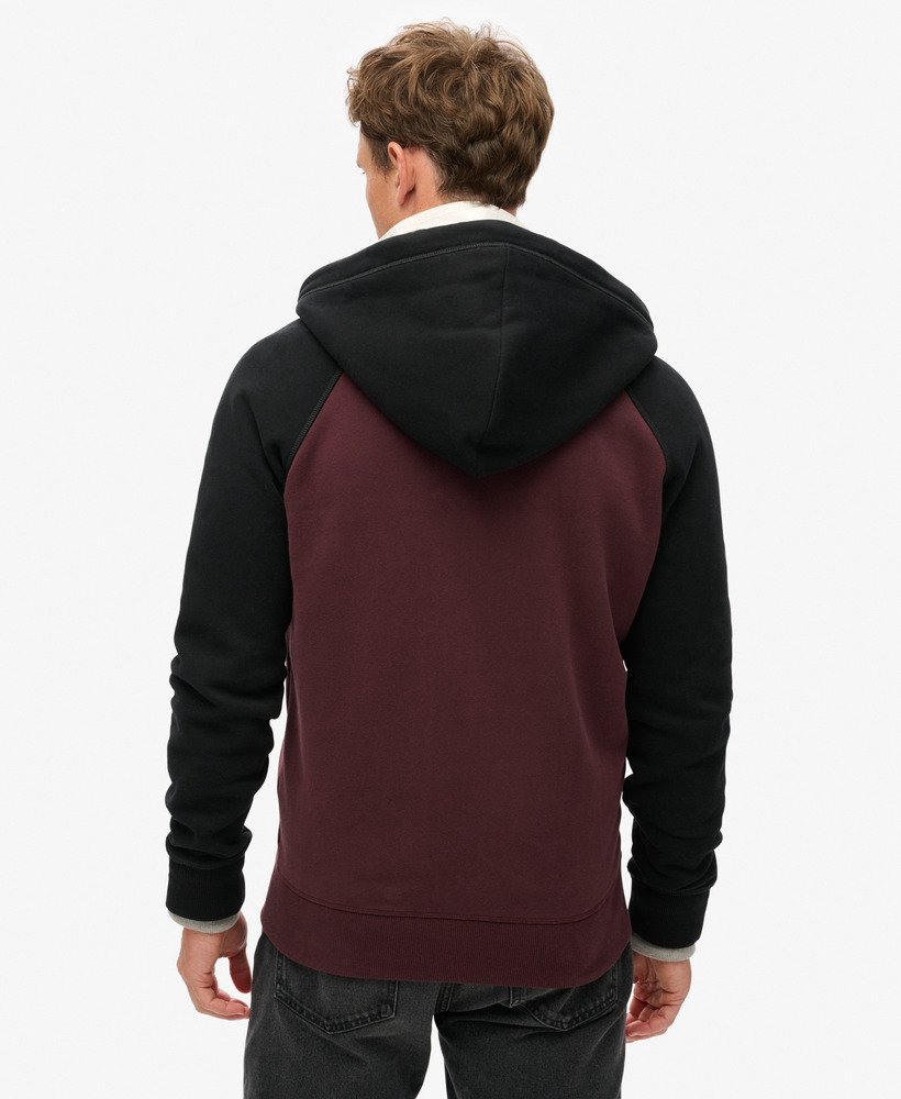 essentiële baseball hoodie met rits in diep bordeauxroodzwart.