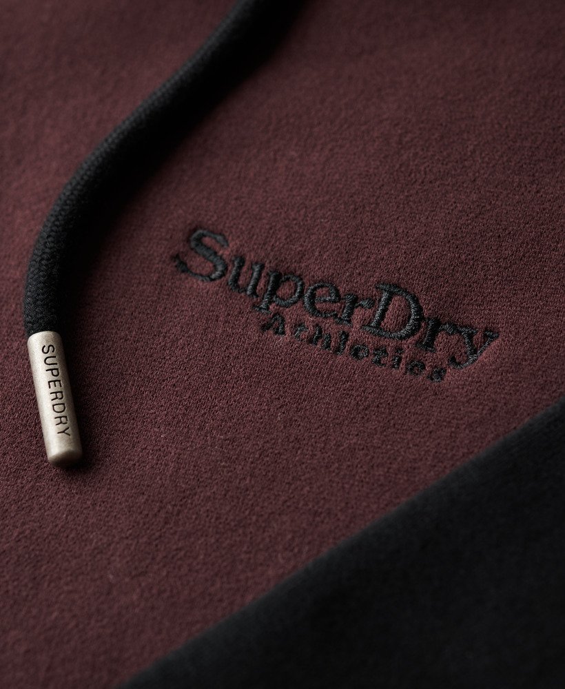 essentiële baseball hoodie met rits in diep bordeauxroodzwart.