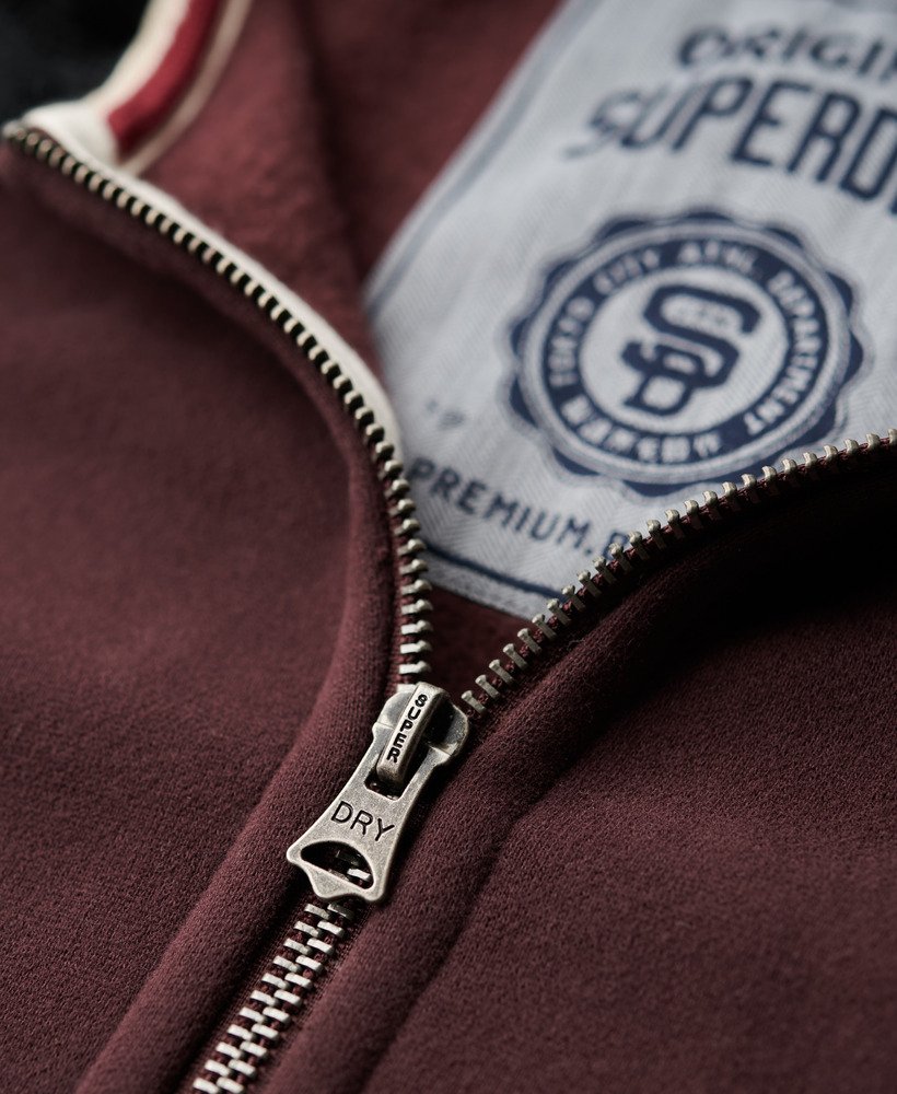 essentiële baseball hoodie met rits in diep bordeauxroodzwart.