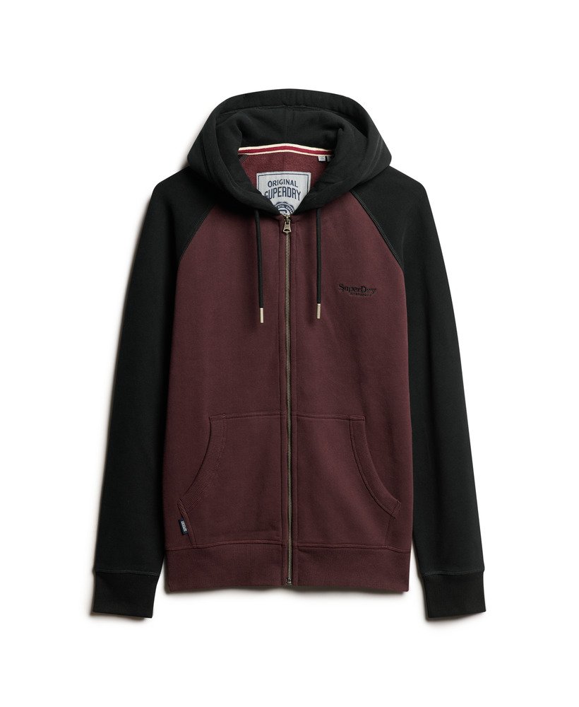 essentiële baseball hoodie met rits in diep bordeauxroodzwart.