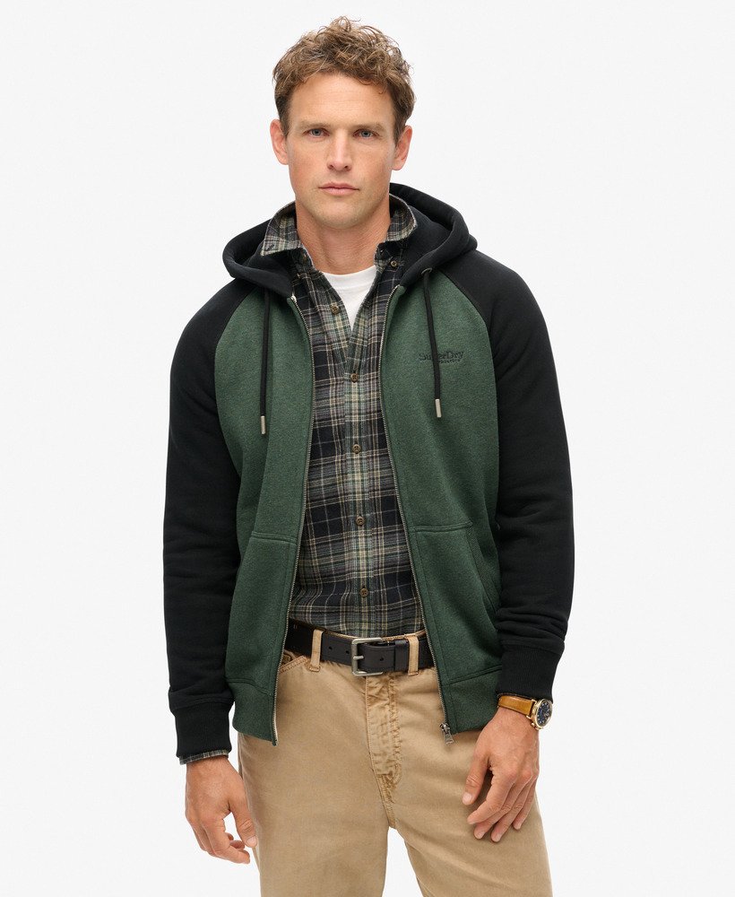 essentiële baseball hoodie met rits in diep bosgroen gemêleerdzwart.