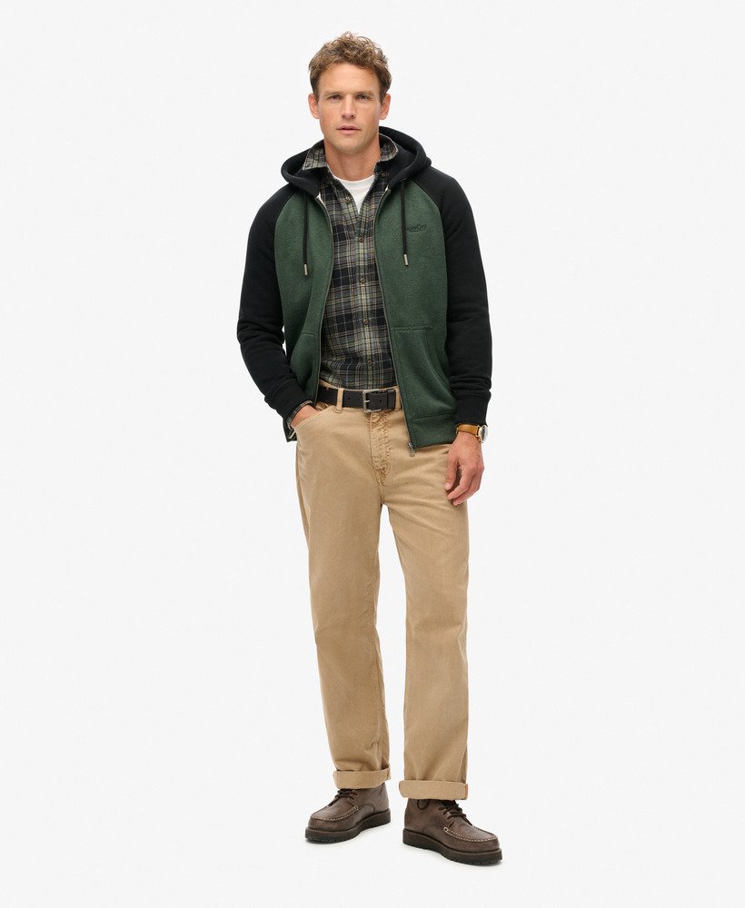 essentiële baseball hoodie met rits in diep bosgroen gemêleerdzwart.