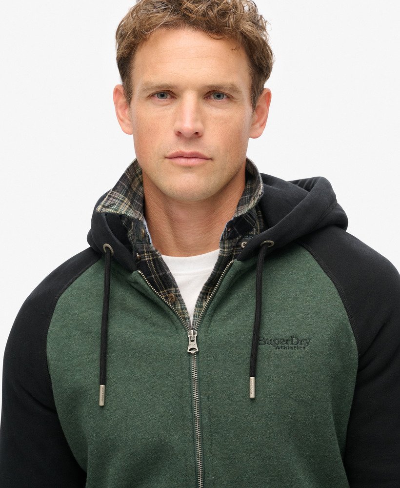 essentiële baseball hoodie met rits in diep bosgroen gemêleerdzwart.