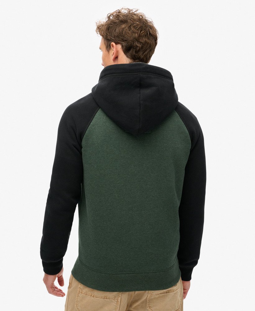 essentiële baseball hoodie met rits in diep bosgroen gemêleerdzwart.