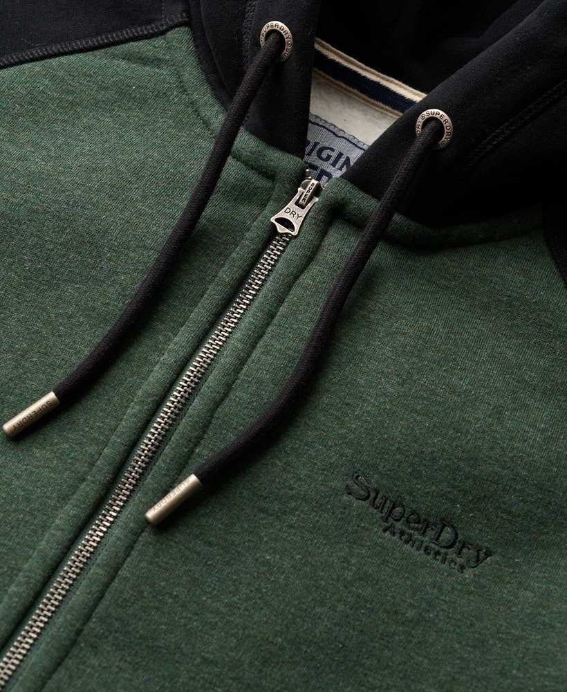 essentiële baseball hoodie met rits in diep bosgroen gemêleerdzwart.
