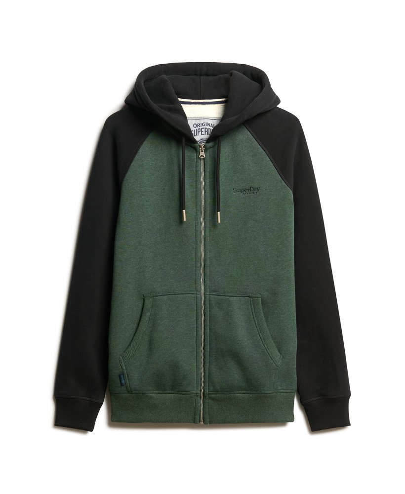 essentiële baseball hoodie met rits in diep bosgroen gemêleerdzwart.