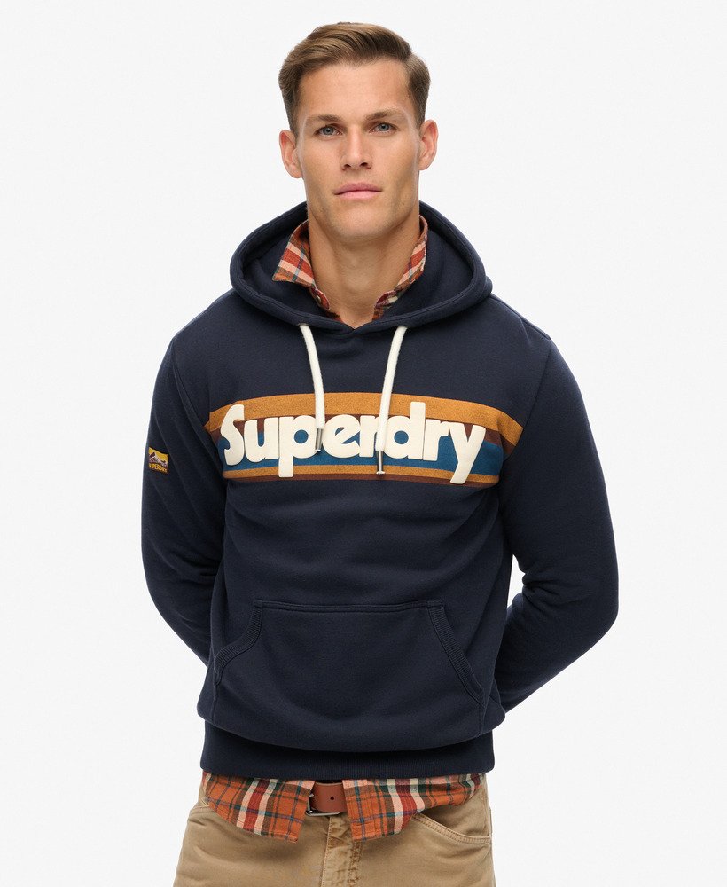 retro hoodie met streeplogo in eclipse navy
