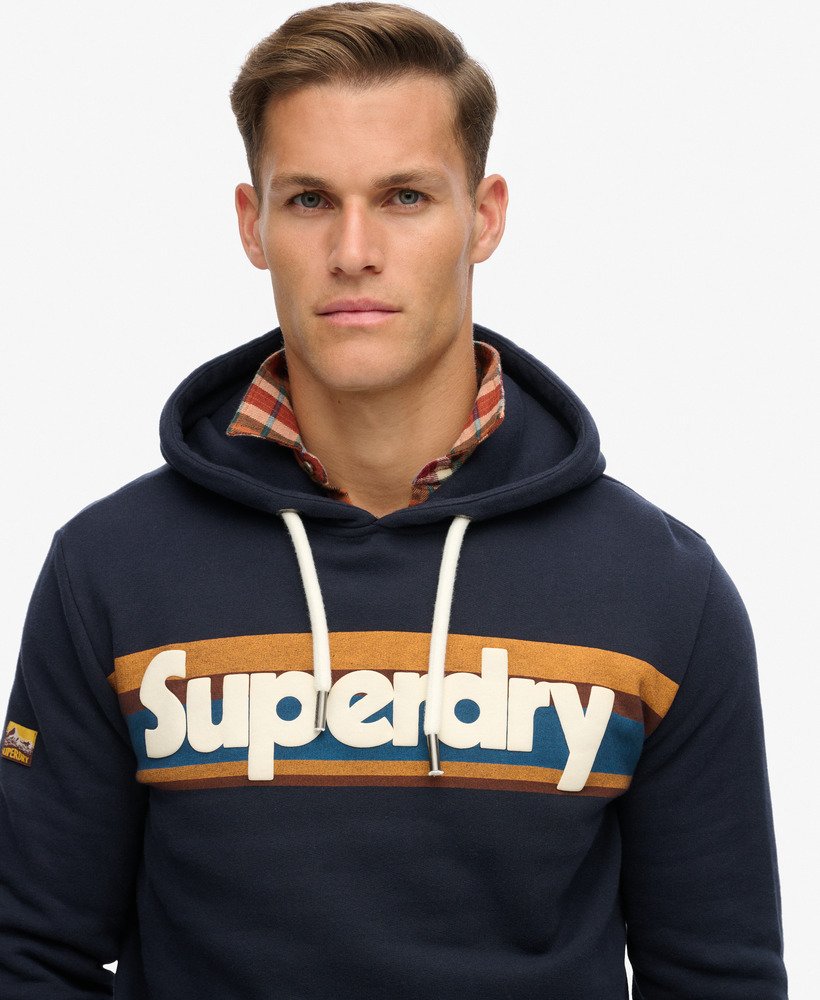 retro hoodie met streeplogo in eclipse navy
