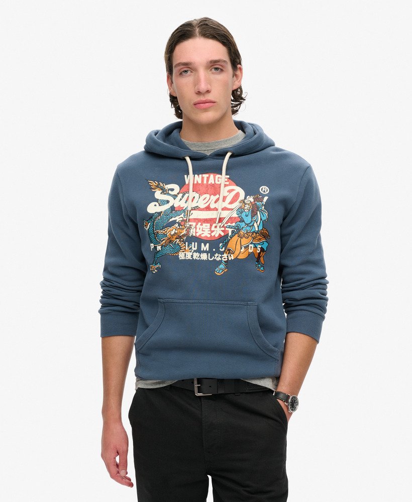 tokyo vintage logo graphic hoodie in ink blue