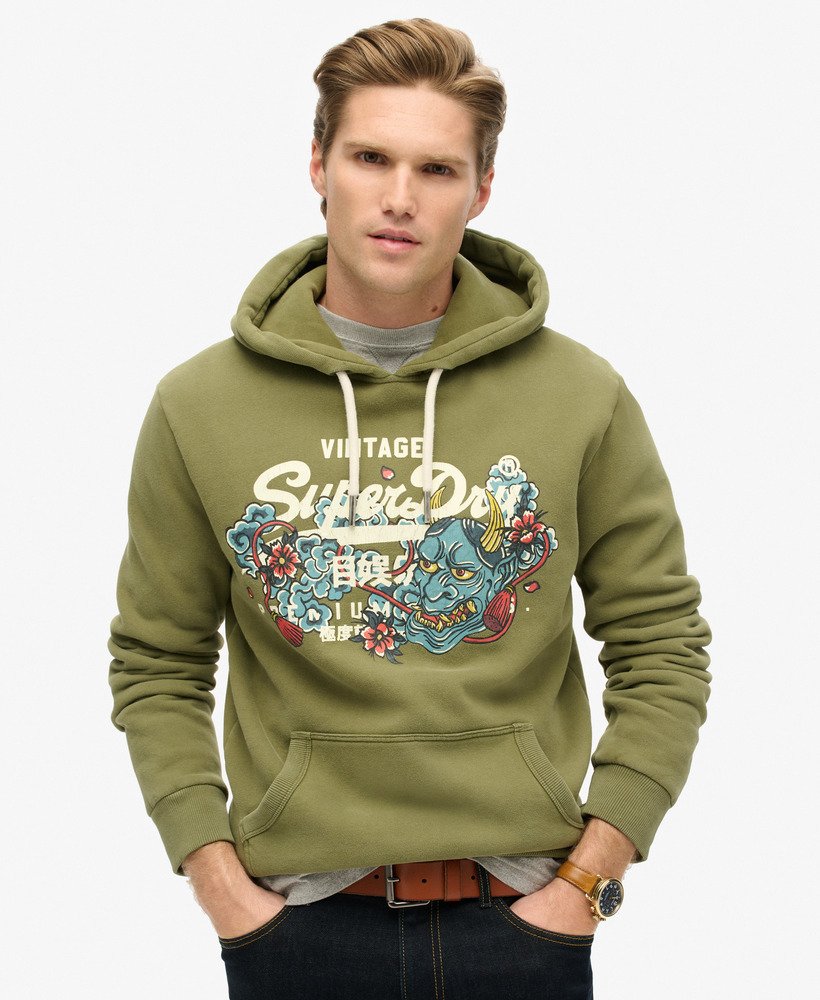 hoodie met tokyo vintage logo in zacht mosgroen.