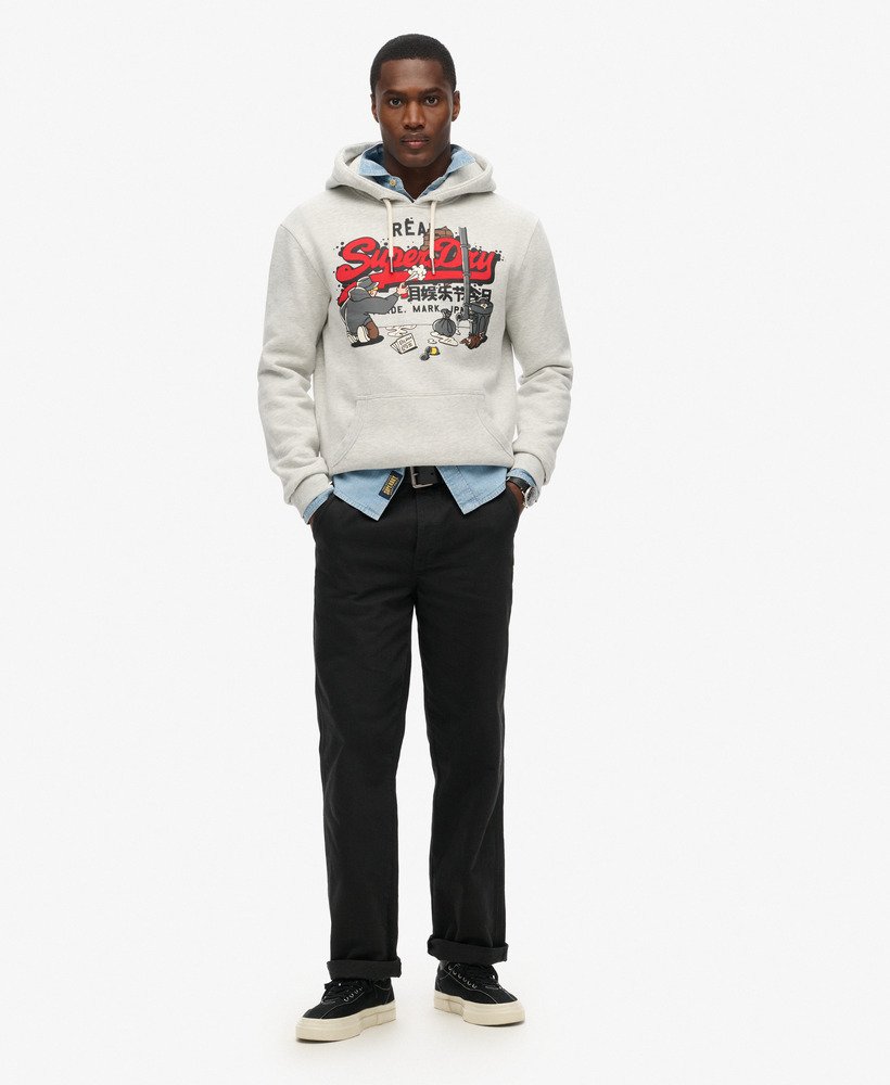 new york vintage logo graphic hoodie in glacier grey marl