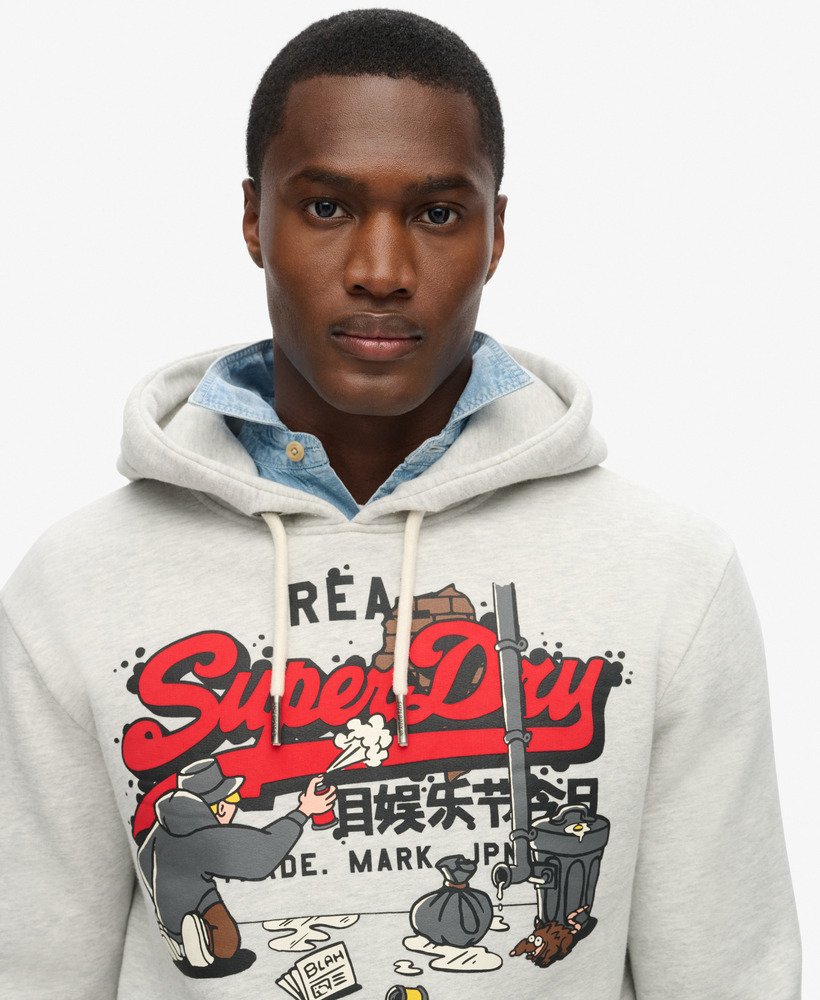 new york vintage logo graphic hoodie in glacier grey marl