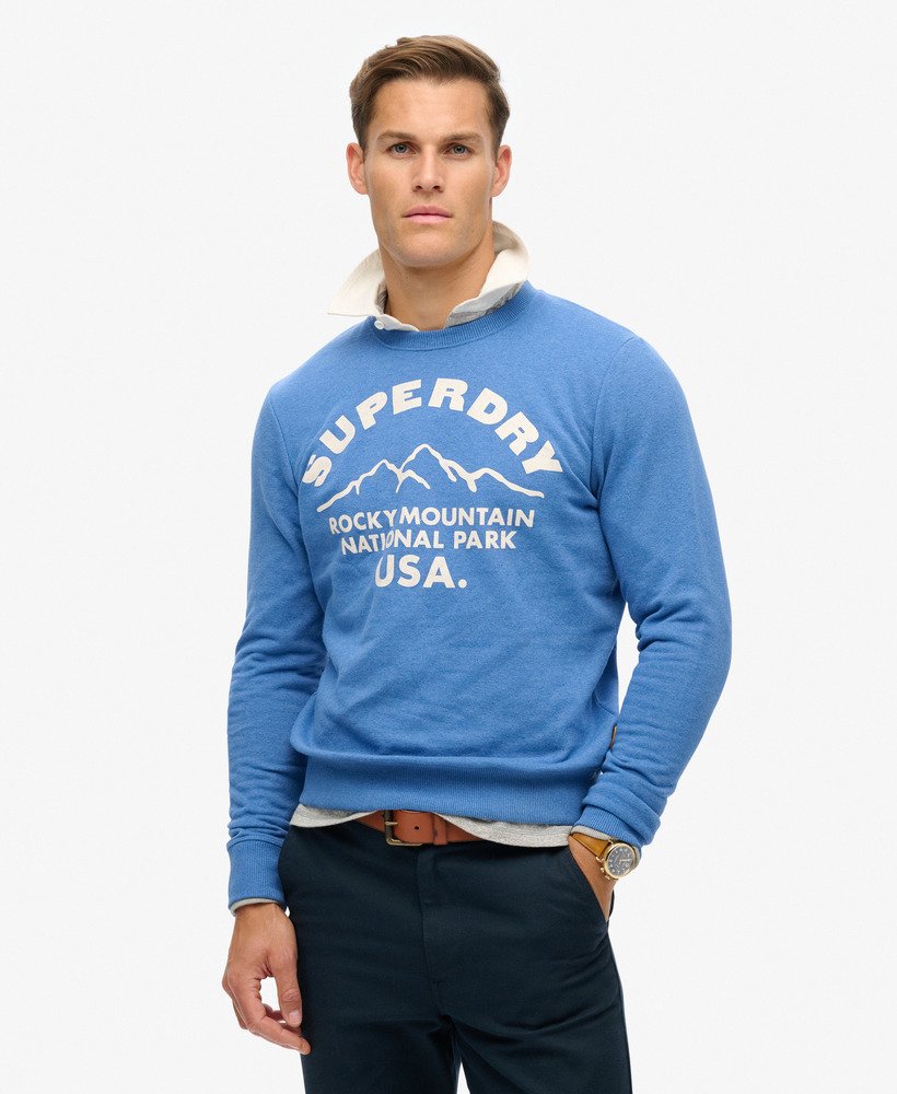 outdoors graphic crew sweatshirt in ocean blue marl