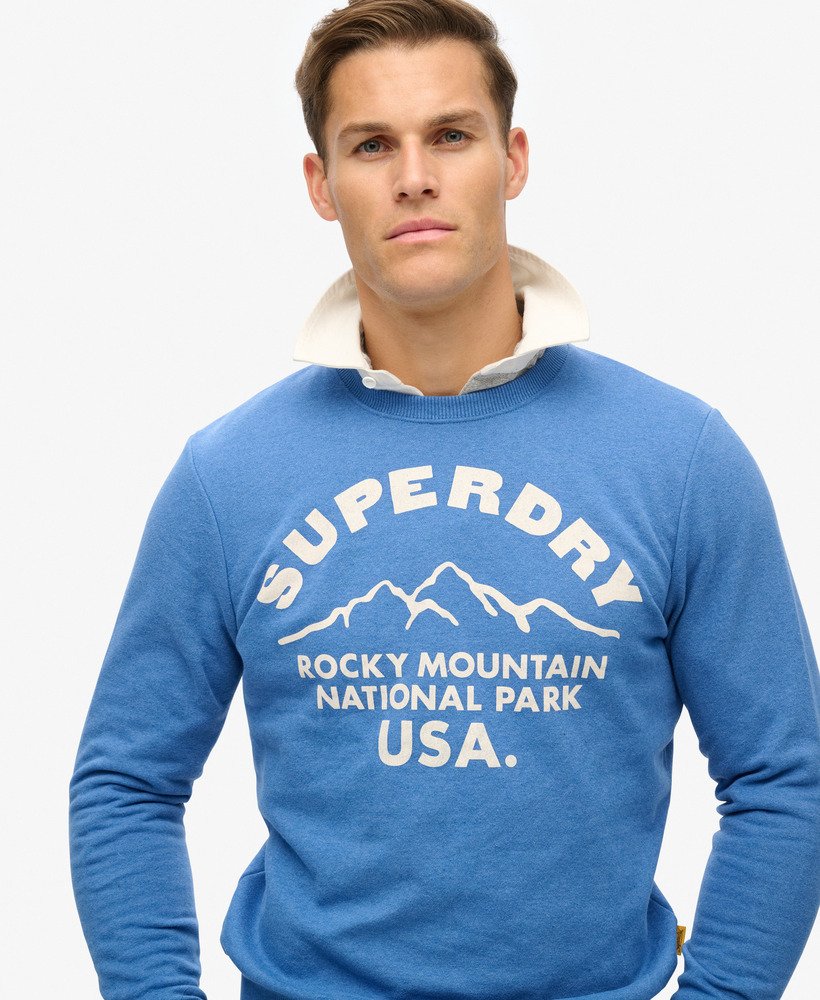 outdoors graphic crew sweatshirt in ocean blue marl