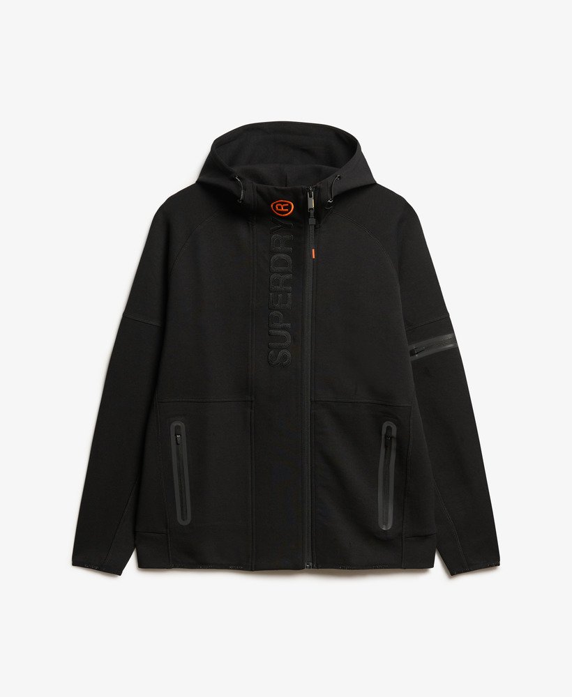 hoodie met losvallend tech-logo en ritssluiting in zwartoranje.