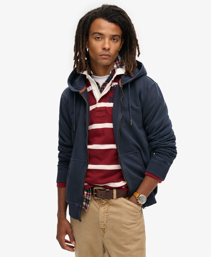 essential logo washed zip hoodie in eclipse navy
